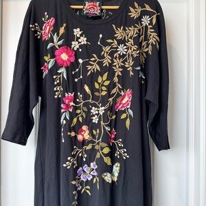 Johnny Was XL Embroidered Tunic Dress Black Floral Bird Boho Midi/Maxi